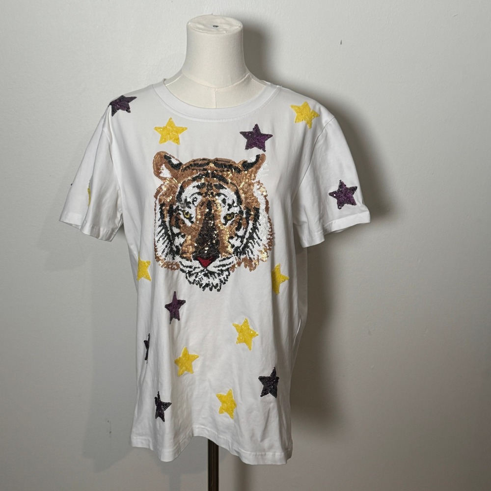 sparkle city  Tiger Sequin T-Shirt Women Large White Good Star Embellished Tee